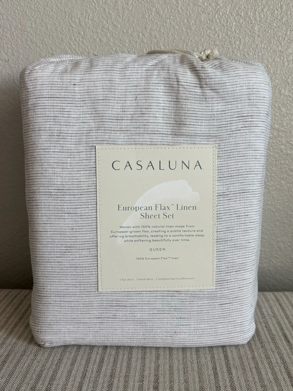 NWT Queen 100% Linen Sheet Set Gray Micro Stripe - Casaluna